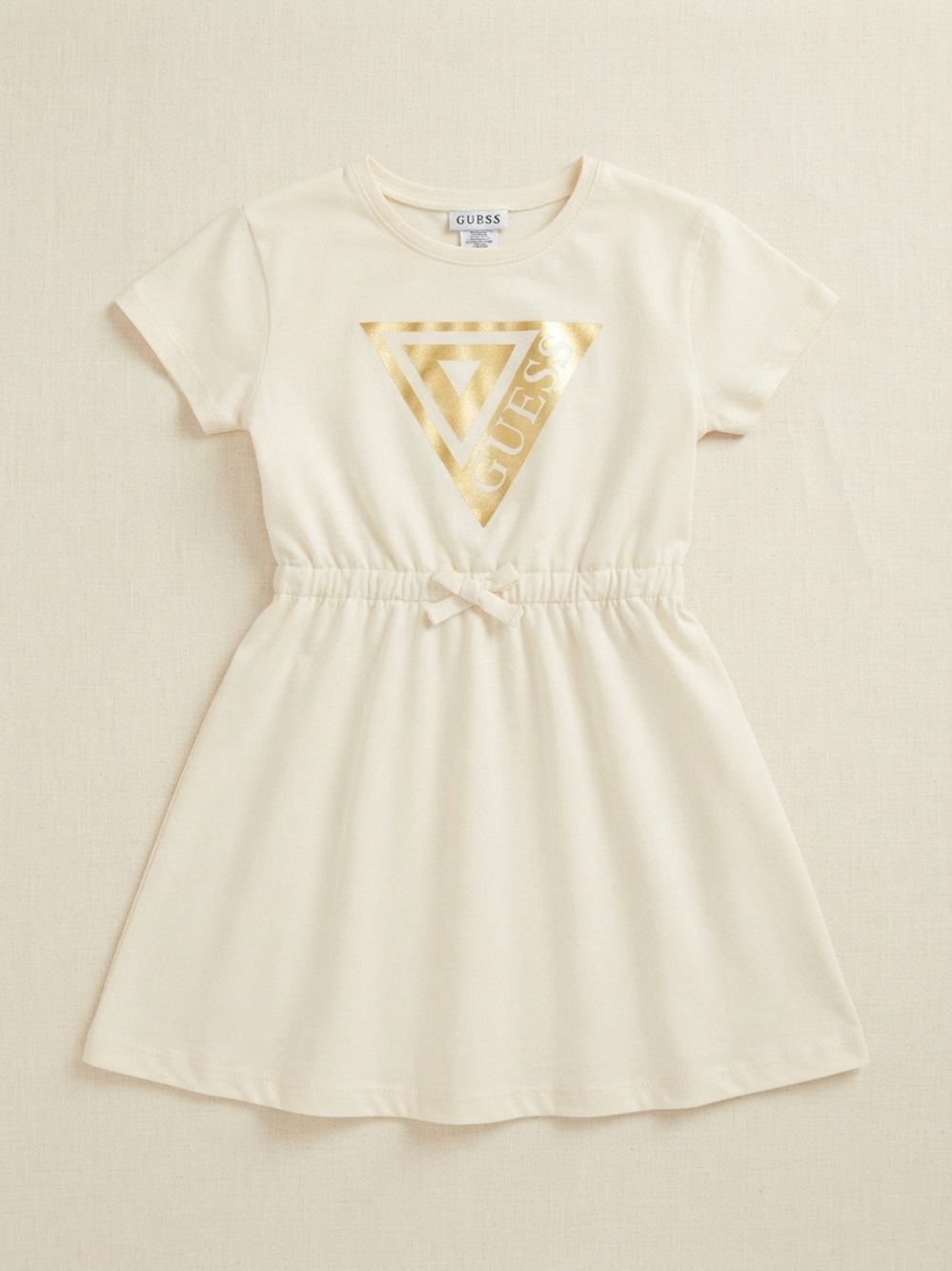 GUESS Cream Short-Sleeve Dress with Metallic Gold Logo